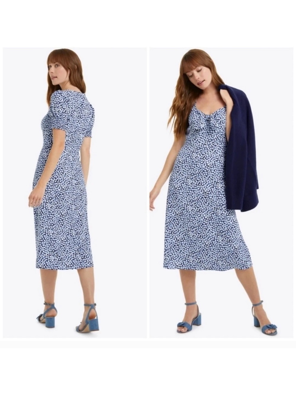 Draper James Patsy Midi Dress Size 12 Blue White Navy Square Geo Print